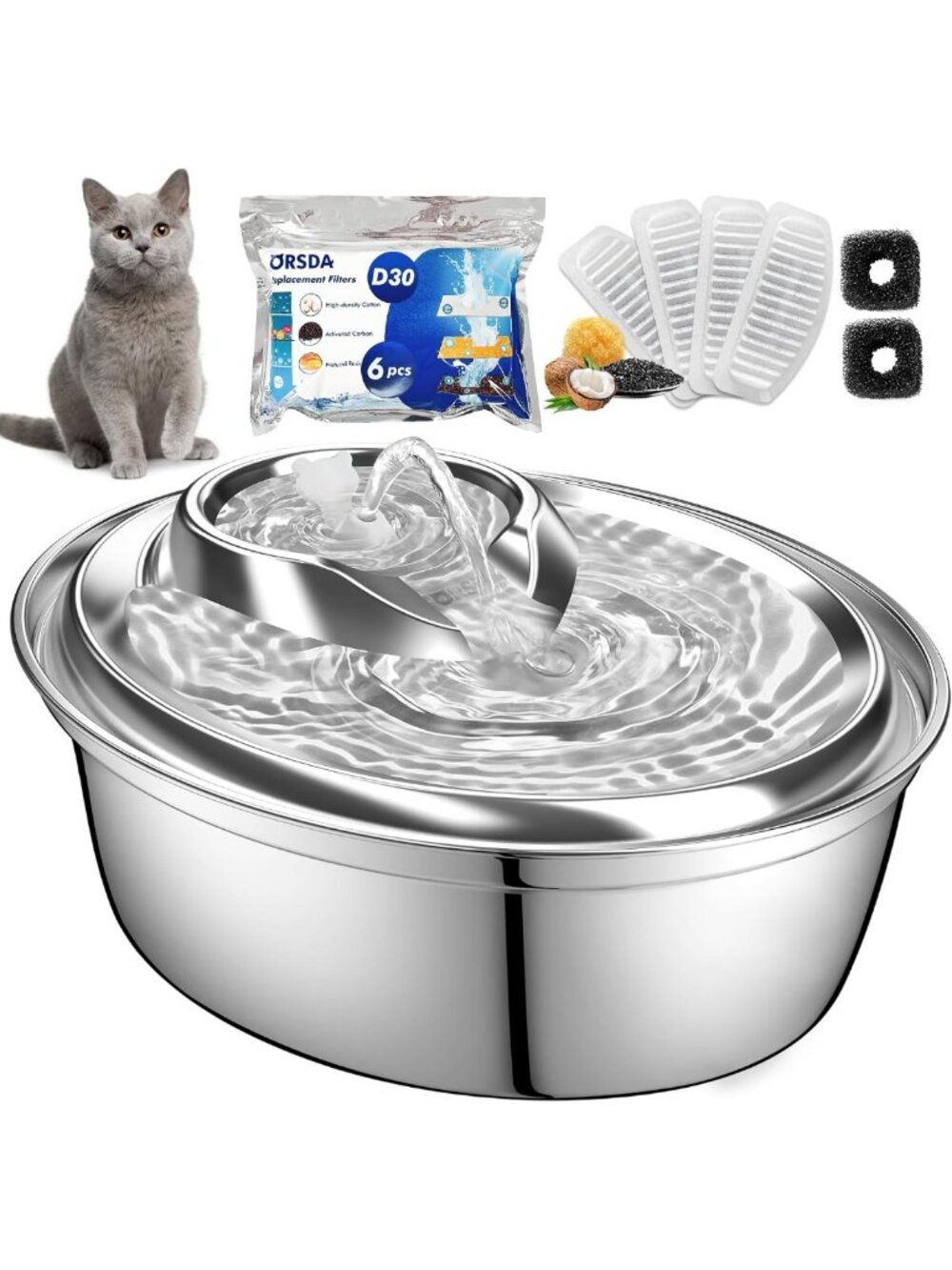 Stainless Steel 2L Cat & Dog Water Fountain, Automatic Pet Drinking Dispenser, 6